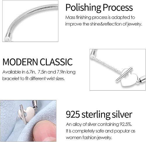 Vista 4 de KUNSIR Pulsera de cadena de serpiente de plata esterlina 925 para pulseras europeas Pandora abalorios Plata de ley