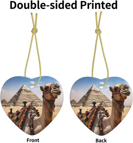 Vista 3 de Pirámide Camel Print Adornos de Navidad Corazón Cerámica Árbol de Navidad Adornos Colgantes de Porcelana Colgante para Decoración de Vacaciones