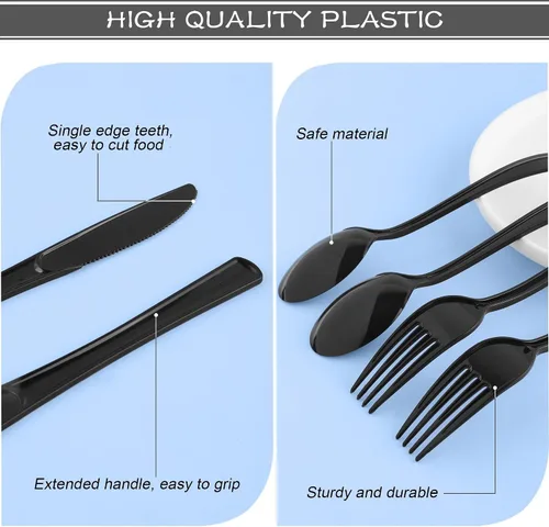 Vista 3 de Kochorie 300 cubiertos de plástico negro de graduación, utensilios desechables resistentes con tenedores, cucharas, cuchillos, cubiertos pesados