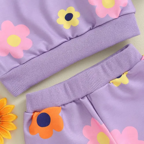 Vista 5 de Meiweileya Conjunto de sudadera con estampado floral para bebé y niña, sudadera sin botones y pantalones, ropa de otoño e invierno
