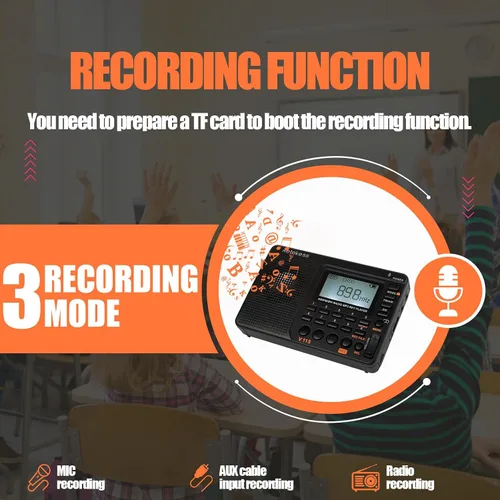 Vista 5 de Retekess Radio de onda corta V115, Radio Digital AM FM, receptor de onda corta con batería recargable de 1000 mAh, preajustes, reproducción