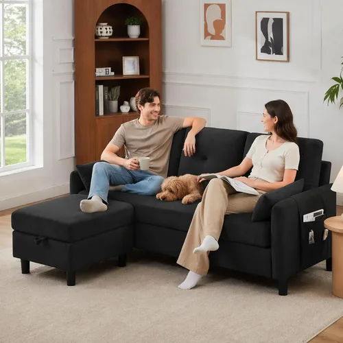 Vista 4 de Sofá modular convertible, pequeño en forma de L de 3 asientos con diván de almacenamiento reversible, sofá moderno de tela de poliéster para sala