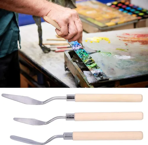 Vista 5 de Juego de cuchillos de paleta, 3 unids mango de madera pintura al óleo raspador cuchillo de paleta mango de madera pintura cuchillo conjunto
