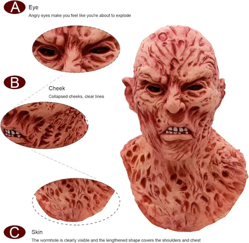 Vista 7 de Máscara de disfraz de Freddy Krueger para Halloween, disfraz de hombre muerto espeluznante, cabeza completa, máscaras realistas para adultos