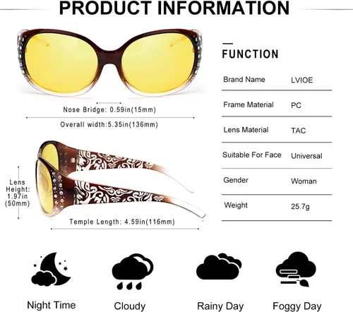 Vista 31 de LVIOE Gafas de conducción de visión nocturna envolventes antirreflejos con lente amarilla polarizada para mujer