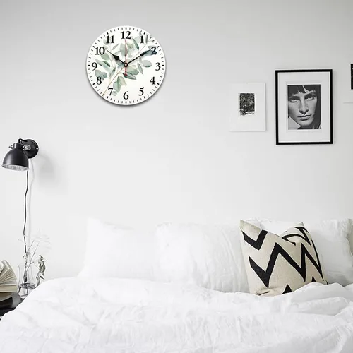 Vista 4 de Reloj de pared de madera de 10 pulgadas, acuarela, rústico, eucalipto, reloj de pared de madera rústica, cuarzo, sin tictac, número arábigo, hoja
