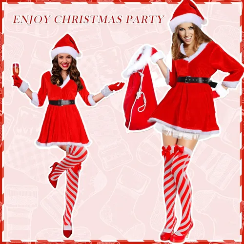 Vista 5 de Vicenpal 5 Pcs Christmas Santa Costume Set Claus Costume with Xmas Hat Fur Gloves High Socks Red Outfits Dress for Women Girl