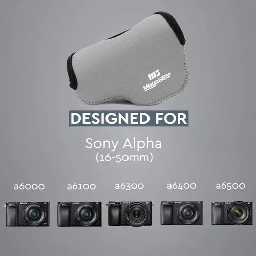 Vista 7 de MegaGear. Funda para cámara, ultra liviana neopreno con mosquetón para Sony A6000, A6300 con lente 16-50 Gris
