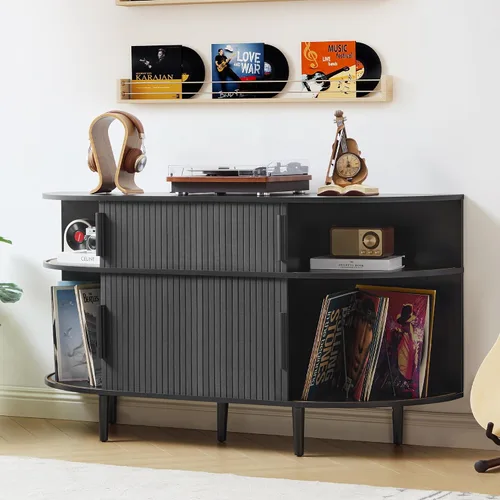 Vista 8 de Soporte grande para tocadiscos, gabinete de almacenamiento de discos de vinilo de madera de 55 pulgadas con estación de carga y puertos USB, mesa