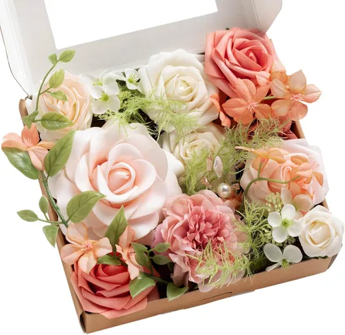 Vista 11 de Ling's moment Caja de flores falsas, tallos de vegetación artificiales artificiales, rosas de espuma, dalia, gardenia, tulipán, flor fábica de seda