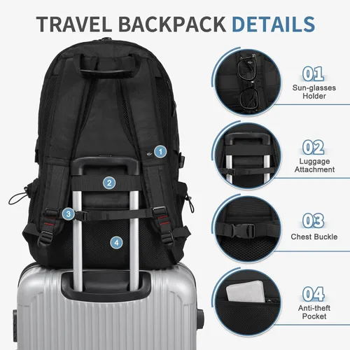 Vista 5 de Mochila de viaje de 45 litros aprobada por la TSA con compartimento para zapatos y separación en seco y húmedo, bolsa para laptop de 18.4 pulgadas