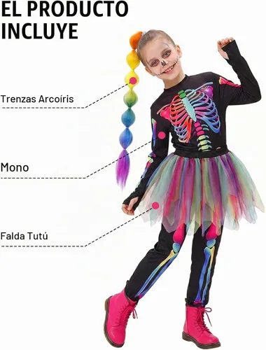 Vista 3 de Disfraz de esqueleto para niños, 3 piezas, disfraces de Halloween para niñas