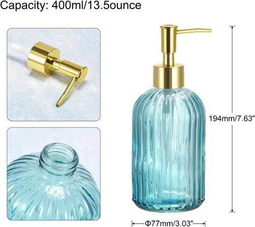 Vista 2 de uxcell Dispensador de jabón – Dispensador de jabón de manos de vidrio de 13.5 onzas con bomba dorada para cocina y baño, color azul