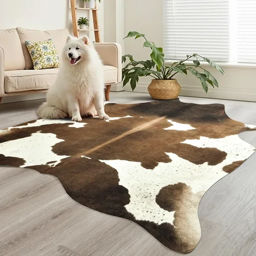 Vista 51 de Easycozy Alfombra de piel de vaca sintética con gran estampado de vaca, 3 x 4 pies, alfombra gruesa y elástica para dormitorio, sala de estar