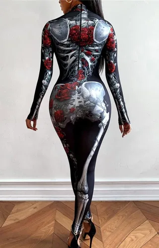 Vista 2 de UQJE Disfraz de esqueleto de Halloween para mujer, overol elástico con estampado, traje de cosplay
