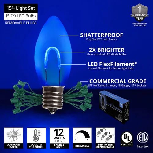 Vista 3 de Wintergreen Lighting - Luces navideñas inastillables FlexFilament LED C9 Azul