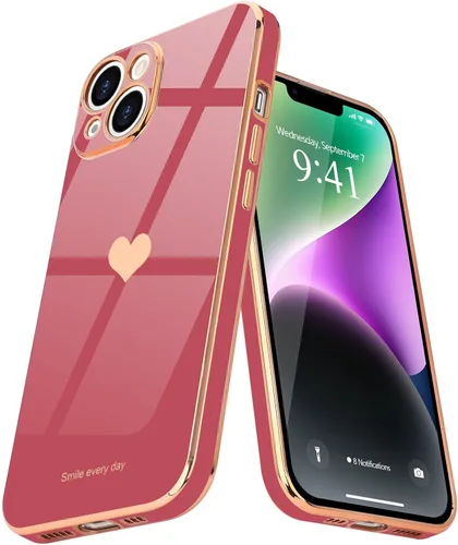 Vista 9 de Teageo - Funda para iPhone 14 Plus para mujeres y niñas, diseño de corazón de amor, color negro Luxury Plating Soft Bling Back Cover Raised Full