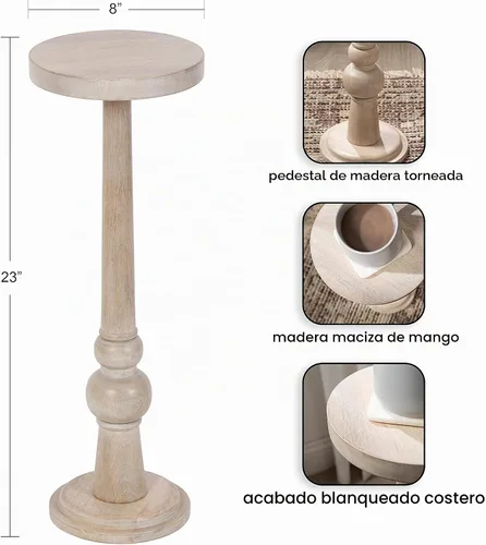 Vista 3 de Kate and Laurel Wegner Coastal Mesa Redonda de Madera para Bebidas, 8 x 23 pulgadas, Blanqueado, Mesa de Pedestal Elegante y Duradera para Usar como