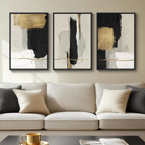 Vista 23 de Arte de pared abstracto moderno enmarcado en blanco y negro, 3 piezas de impresiones en lienzo pinturas obras de arte para paredes, cuadros Negro