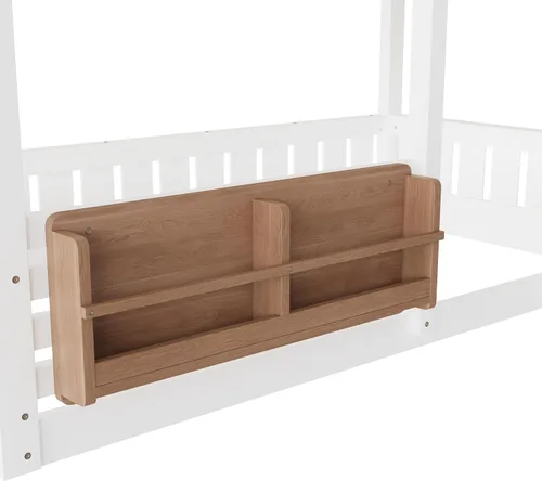 Vista 8 de Cama de Casa Tamaño Twin con Elegantes Ventanas y Estantería, Marco de Litera con Diseño de Castillo de Madera con Barandillas de Seguridad