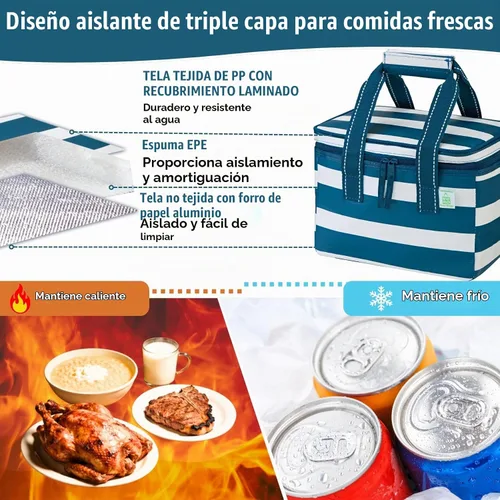 Vista 3 de VENO Paquete de 2 bolsas de almuerzo aisladas, resistentes al agua Raya azul marino clásica