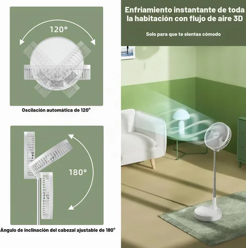 Vista 3 de Ventilador oscilante plegable recargable de 9 pulgadas, 7200 mAh, funciona con pilas, ventilador pequeño con control remoto, ventiladores