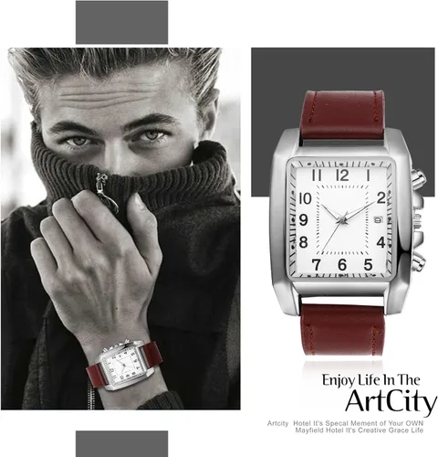 Vista 5 de Avaner Reloj cuadrado de cuero para hombre, reloj rectangular de gran tamaño, reloj de pulsera de cuarzo analógico vintage con ventana de calendario