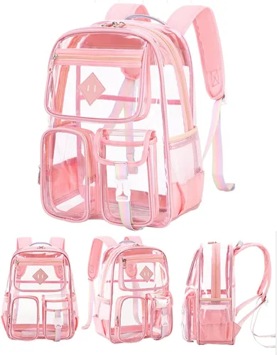Vista 2 de Mochila transparente para escuela, resistente de PVC, transparente, bolsa transparente para libros aprobada por estadios, mujeres y niñas, Rosado