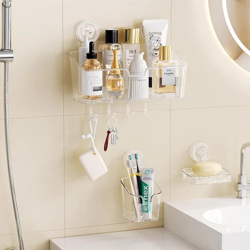 Vista 8 de LUXEAR Organizador de ducha con ventosa transparente – organizador de ducha + jabonera+soporte para cepillo de dientes – 1 segundo instalación sin
