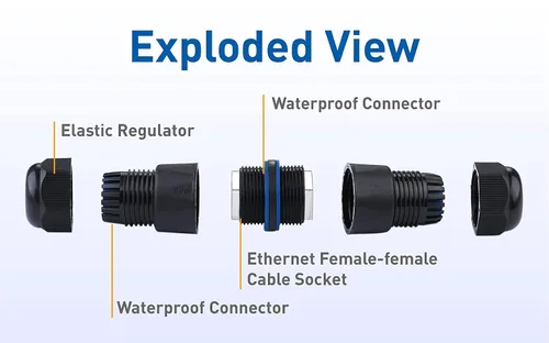 Vista 3 de Paquete de 2 conectores RJ45 impermeables IP68 Cat6/Cat5E/Cat5 acoplador blindado para Extensor de cable LAN Ethernet al aire libre hembra a hembra