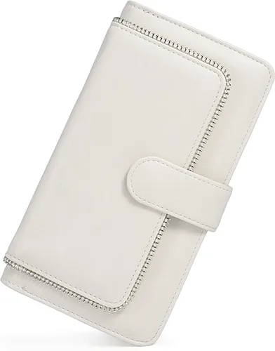 Vista 26 de UTO Cartera de cuero vegano para mujer, cartera larga con broche de presión, tarjetero de crédito, elegante embrague 0153 Gris