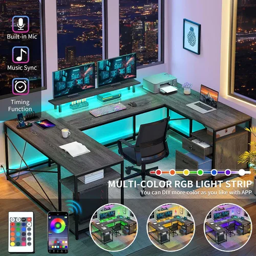 Vista 4 de DWVO Escritorio en forma de U con cajones 79" Reversible L Shaped Desk with Power Outlets & LED Lights, Corner Computer Desk with Monitor Stand &