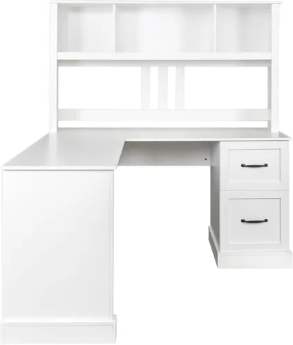 Vista 6 de Holaki Escritorio en forma de L, escritorio de computadora con cajones, estantería y gabinete, escritorio esquinero moderno, oficina en casa, mesa