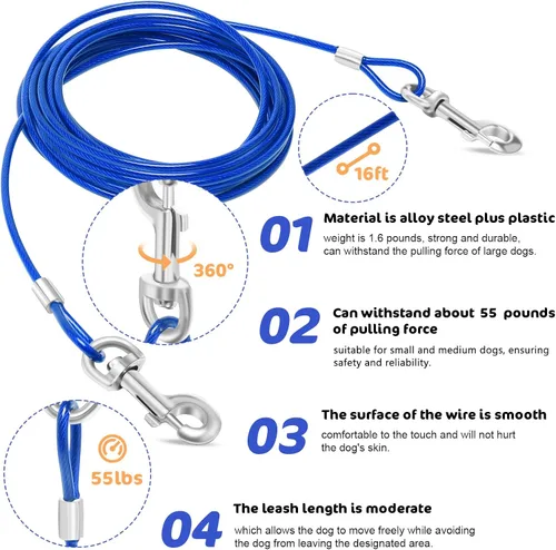 Vista 3 de Relux Cable y estaca de amarre para perros, estaca en espiral resistente de 16 pulgadas para perros pequeños a medianos (azul-16 pies, 2 unidades)