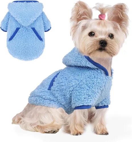 Vista 9 de Suéter de forro polar con capucha para perro, suéteres cálidos de terciopelo mullido, ropa de invierno para perros pequeños, hembra, niño, abrigos