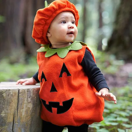 Vista 5 de Disfraz de calabaza para bebé niño y niña, disfraz de calabaza para Halloween, chaleco de burbujas, body con sombrero, calcetines y trajes