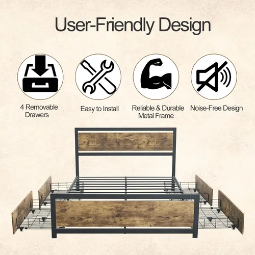 Vista 2 de Base de cama matrimonial resistente con 4 cajones, plataforma de almacenamiento de metal con cabecera de madera y espacio de almacenamiento, base