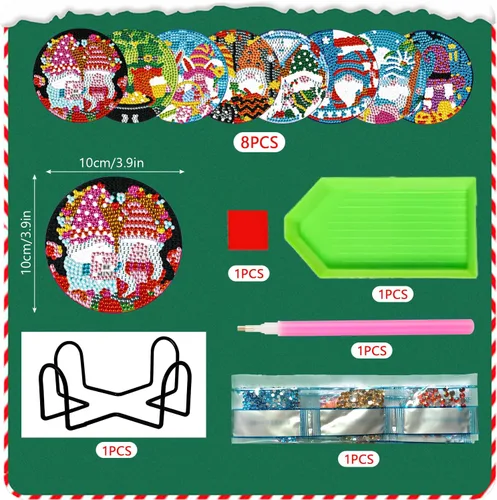 Vista 2 de Kit de 8 posavasos de pintura de diamante con soporte, posavasos de gnomo 5D de diamante, manualidades de arte de diamante, posavasos de diamante
