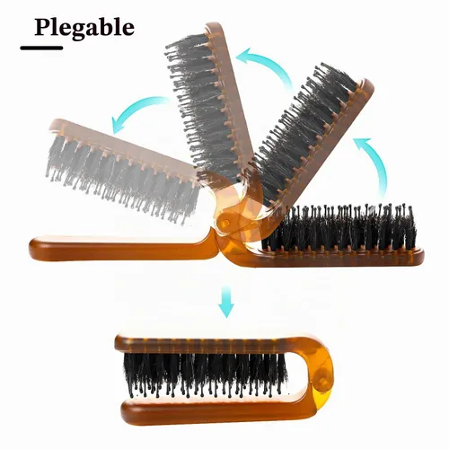 Vista 2 de Sliverdew Cepillo de pelo, mini cepillo de pelo plegable de cerdas de jabalí para mujeres y hombres, pequeño mini cepillo compacto tamaño de Ámbar