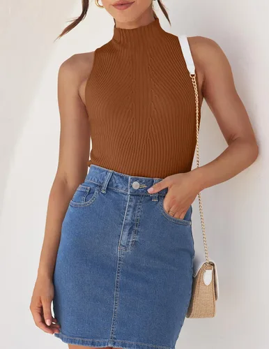 Vista 3 de ZESICA Camisetas sin mangas de verano para mujer, cuello de tortuga, de punto acanalado, ajustadas, básicas, casuales