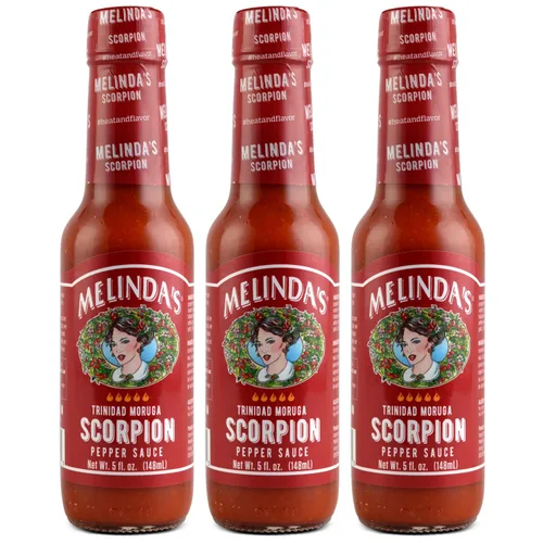 Vista 10 de Salsa picante de pimienta Escorpión de Melinda's - Salsa picante gourmet de Escorpión - Hecha con pimienta Trinidad Moruga, zanahorias, cebolla