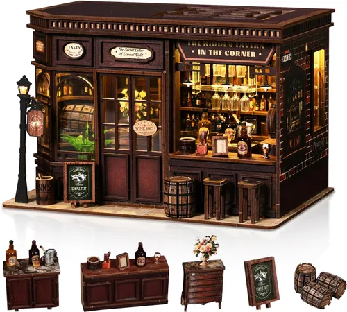 Vista 11 de Kit de casa en miniatura para hacer bricolaje, kit de casa de muñecas en miniatura, rompecabezas de madera 3D de café con fundas LED a prueba