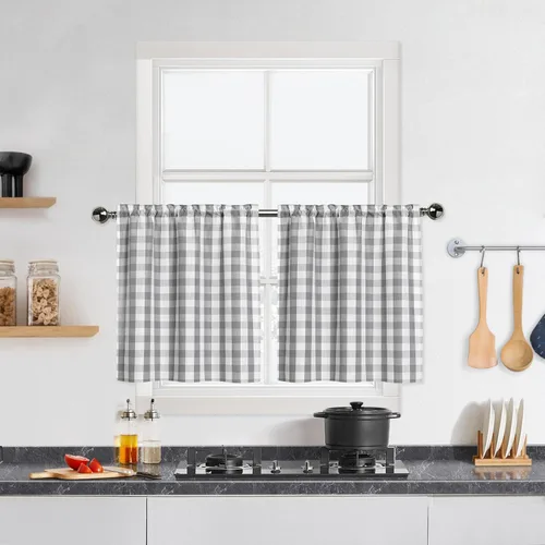 Vista 14 de Cortinas de Cocina Estilo Granja de Cuadros Vichy Blanco y Negro de 24 Pulgadas de Largo, Cortinas de Café de Media Ventana de Cuadros Buffalo