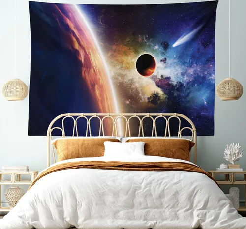 Vista 129 de Ambesonne Tapiz verde, fases lunares alrededor de un árbol de la vida, impresión de diseño bohemio de astrología nocturna, decoración de tela