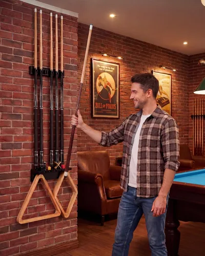 Vista 7 de EXTCCT - Soporte de pared para taco de billar, 6 tacos, color negro Solid Oak Hardwood Pool Cue Set Holder For Sticks Storage. Essential Pool