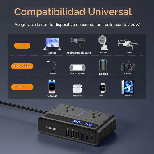 Vista 7 de Inversor de corriente del coche de TESSAN 200W, 36W USB C cargador de coche adaptador de carga rápida Converter with 2 AC Outlets & 6 USB Ports