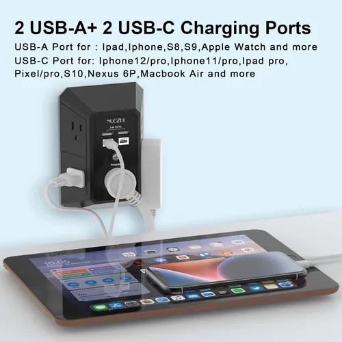 Vista 3 de Cargador de pared, protector de sobretensiones, extensor de 5 salidas con 4 puertos de carga USB (2USB-C), adaptador de enchufe múltiple de 3 lados