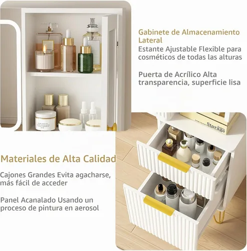 Vista 5 de Escritorio de tocador de 43 pulgadas con espejo y luces, mesa de tocador de maquillaje con 4 cajones, tocador blanco para dormitorio, escritorio