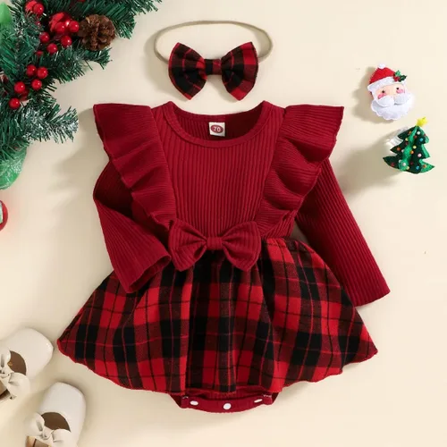Vista 9 de Mameluco de Navidad para niñas recién nacidas, falda de malla de terciopelo rojo, traje de primera Navidad, regalo de Navidad