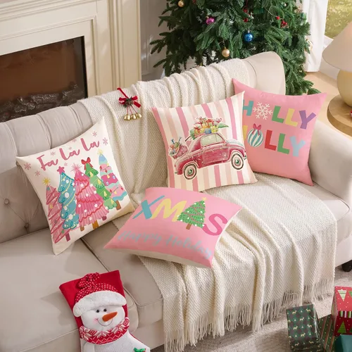 Vista 7 de Fundas de almohada de Navidad rosas 18x18 Juego de 4 fundas de almohada de Navidad, fundas de almohada de Navidad para sofá, sofá cama, silla